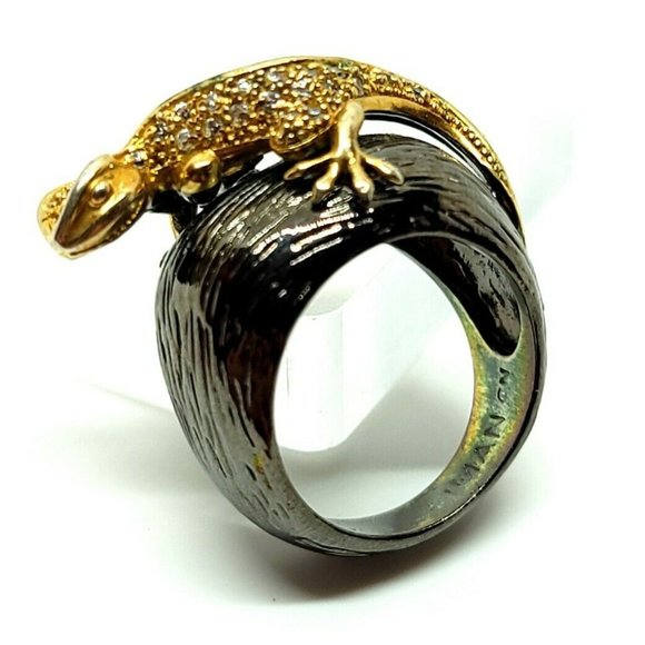 Elegant Iman CN Charcoal Gold Plated Pave Rhinestone Chameleon Cocktail Ring - Picture 4 of 10